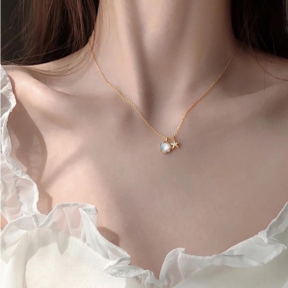 New 18K Gold Vermeil Sterling Silver 925 seashell & starfish adjustable necklace